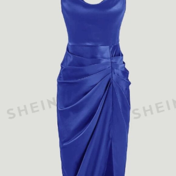 SHEIN BAE Solid Ruched Split Thigh Satin Cami Dress Size M - Picture 6 of 7